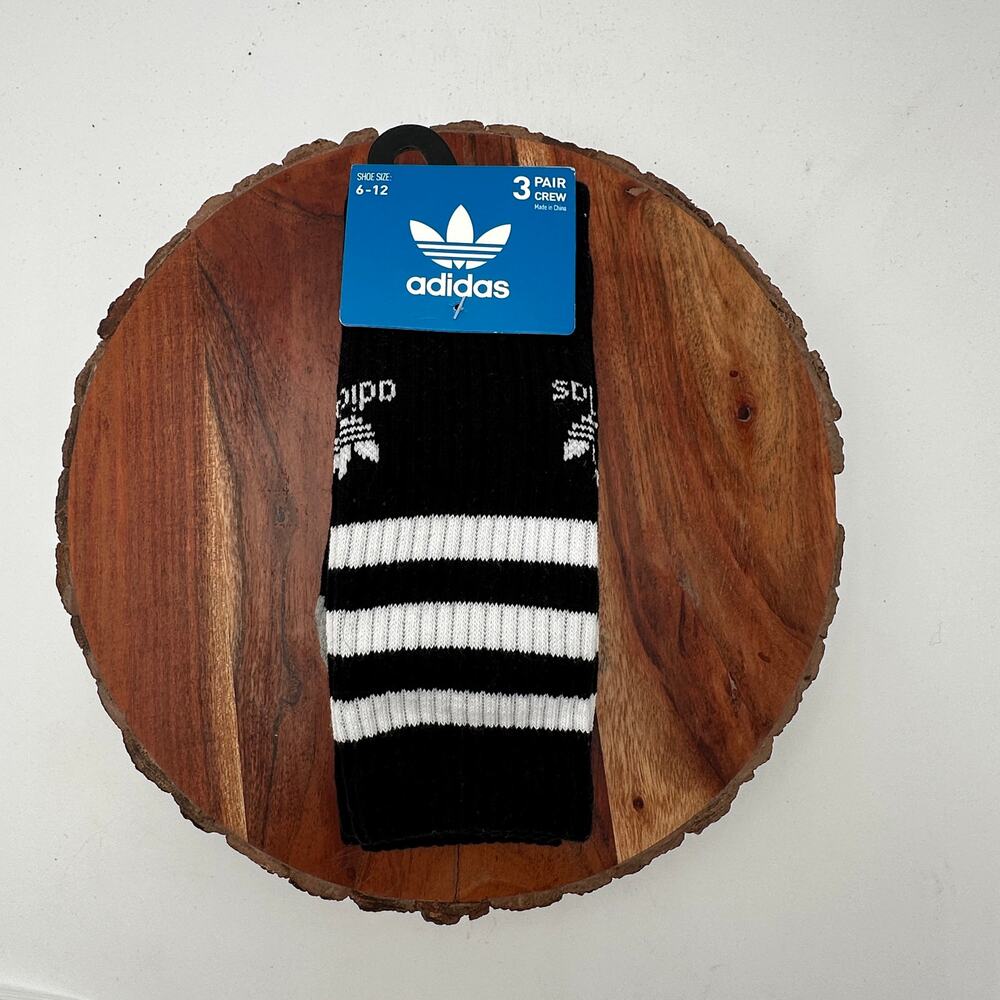 NWT Adidas Crew Socks Black White Stripe Heather Gray 3 Pair Shoe Size 6-12